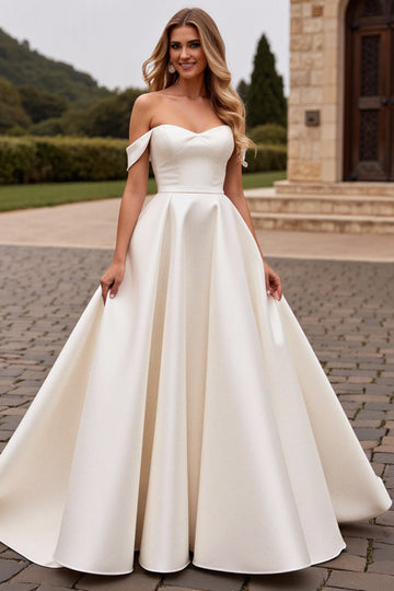 lvory A Line Off The Shoulder Satin Long Wedding Dress